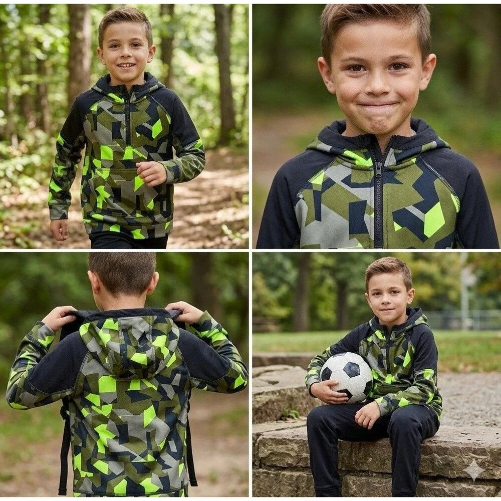 Athletic Works Boys Size M (8) Quarter Zip Hoodie Tech Fleece Camo Green NWT - Picture 2 of 2
